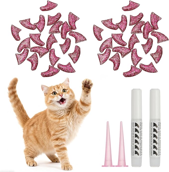 Cat Nail Caps, Cat Claw Covers with Adhesive Glue and Applicators, Kitten Claw Caps Soft Paws, (40 Pcs, L, Crystal Pink), Intended for Pet Tips/Nail Covers/Control Paws