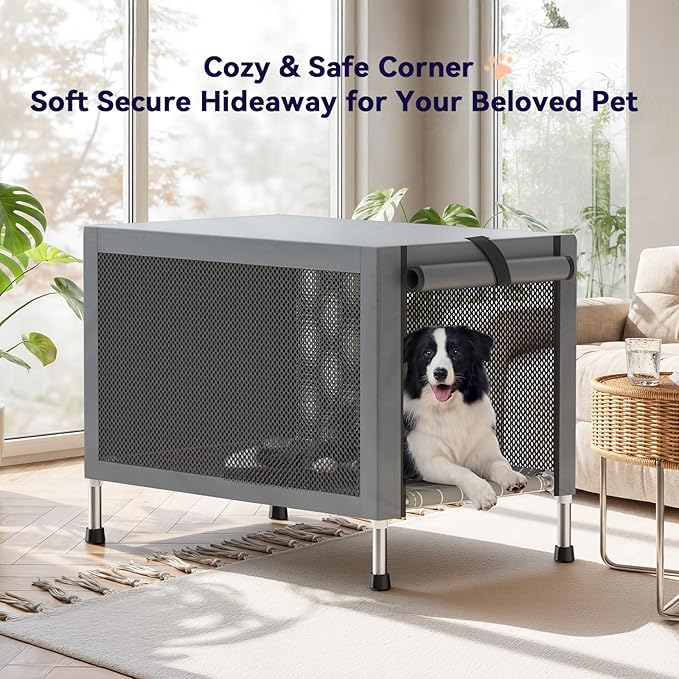 Medium Stainless Steel Elevated Dog Crate with Removable Cover, 2-in-1 Indoor & Outdoor Raised Pet House, Rust-Proof Dog Kennel with Silicone Anti-Slip Feet, Tool-Free Assembly