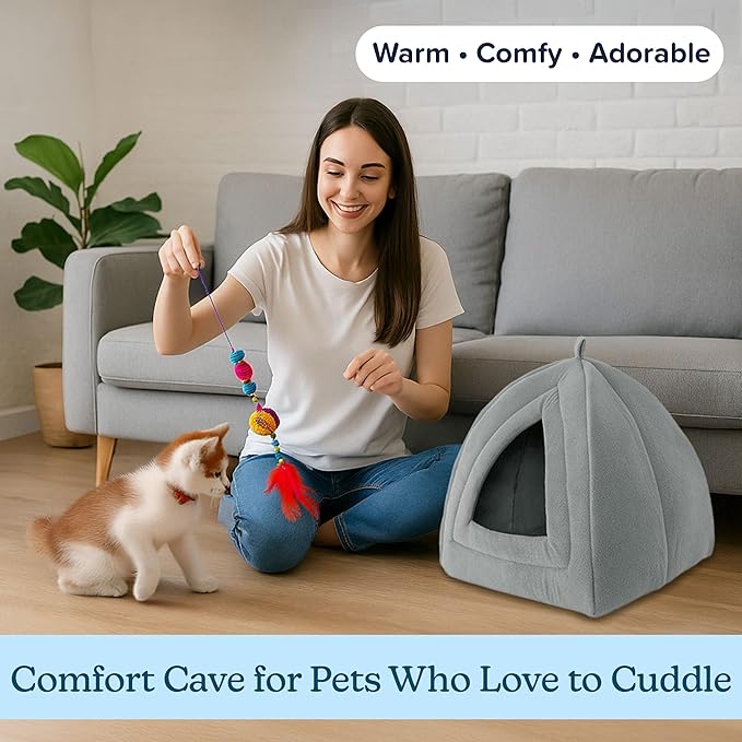 PETMAKER Indoor Cat House with Removable Foam Cushion for Cats, Kittens, Small Dogs & Small Pets, Plush Pet Bed Crate Tent Hideaway with Cozy Soft Interior, Gray Small Animal Sleep & Rest Space