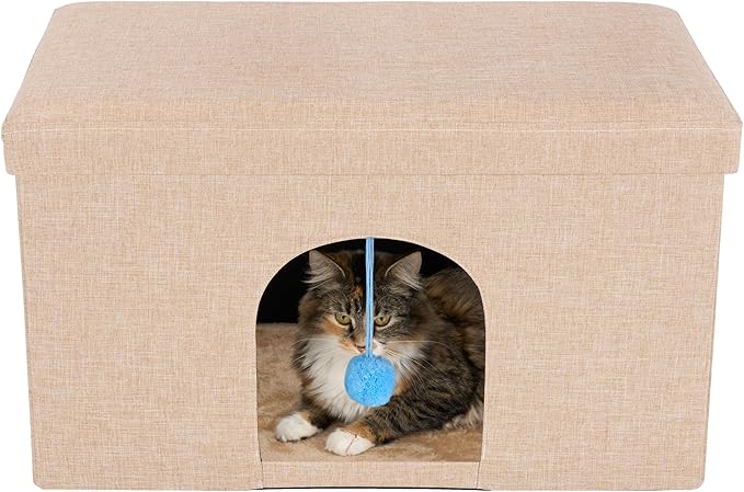 Furhaven Pet House for Indoor Cats & Medium/Small Dogs, Collapsible & Foldable w/Plush Ball Toy - Living Room Ottoman Cat Condo - Sand, Large