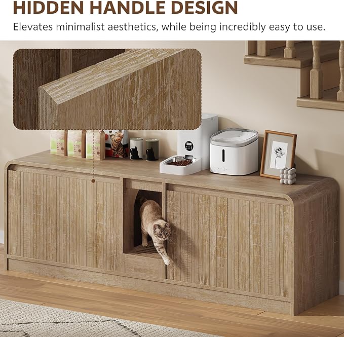 Cat Litter Box Enclosure with Litter Collector, 59'' Double Litter Box Enclosure for 2 Cats, Hidden Litter Box Furniture for Indoor Cats Large Adult, Cat House, Side Table, TV Stand, Natural