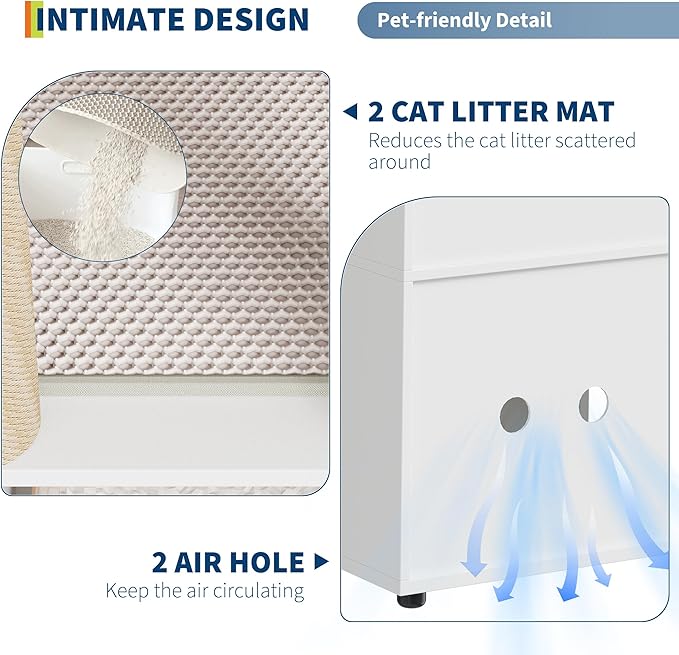 Cat Litter Box Enclosure for 2 Cats, Hidden Litter Box Furniture with Scratch Post and Double-Layer Litter Mats,Farmhouse Wooden Cat House Washroom or Bed, White