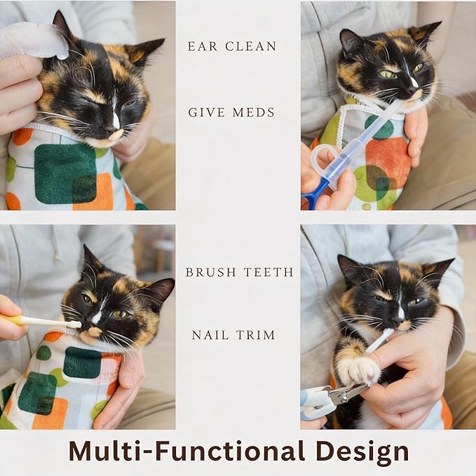 Cat Grooming Wrap, Self-Adherent Cat Wrap for Cutting Nails, Cat Burrito Wrap for Ear Cleaning & Medication, Cat Swaddle Wrap for Teeth Brushing, No-Scratch Cat Restraint for Nail Clipping, L