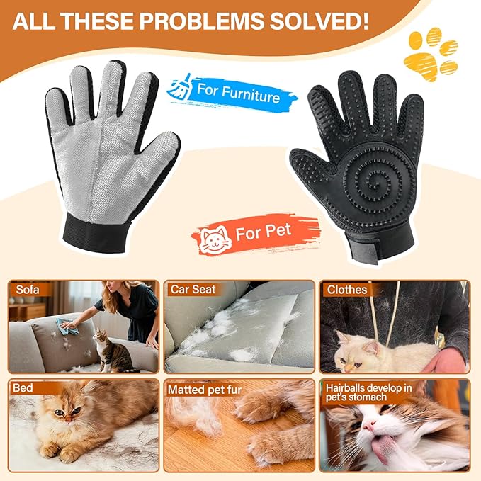 2-in-1 Upgrated Dual Sided Pet Hair Removal Glove, Gentle Deshedding Brushes for Dogs & Cats with Long and Short Fur, Reusable Electrostatic Pet Hair Remover Gloves for Sofa Clothing Cat Beds - 1 Pair