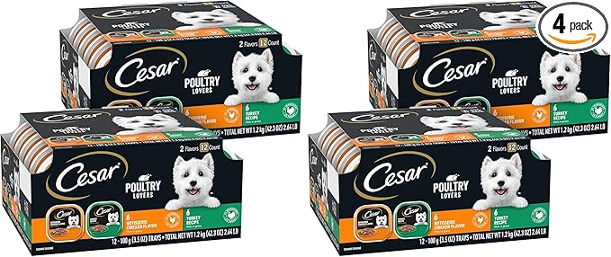 Cesar Filets in Gravy Adult Wet Dog Food Variety Package,Poultry Lovers with Rotisserie Chicken Flavor and Turkey Recipe,3.5 oz. Easy Peel Trays,12 Count (Pack of 4)