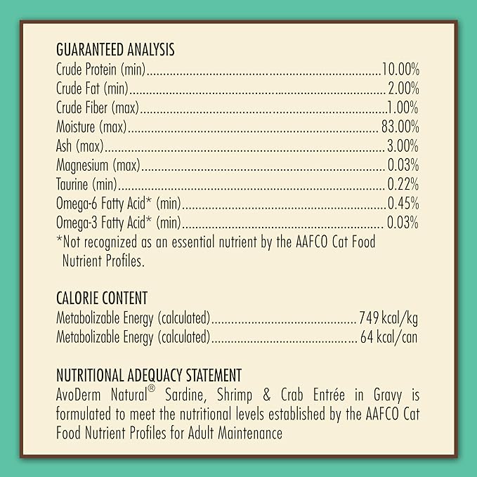 AvoDerm Natural Grain Free Sardine, Shrimp & Crab Entrée in Gravy Wet Cat Food 3 oz