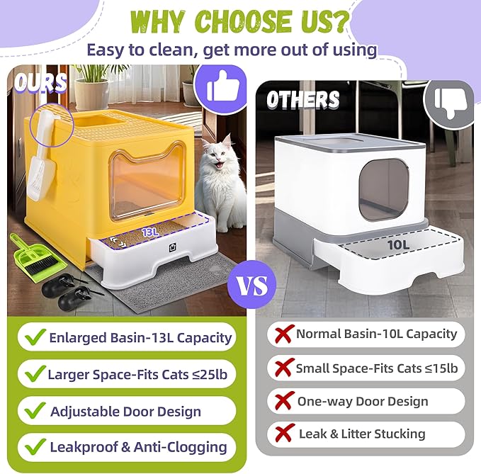 Cat Litter Box with Litter Mat, Foldable Extra Large Free in and Out/One-Way with Lid, Drawer Type Enclosed Kitty Litter Box,Odor Control Anti-Splashing Easy Cleaning (Yellow)