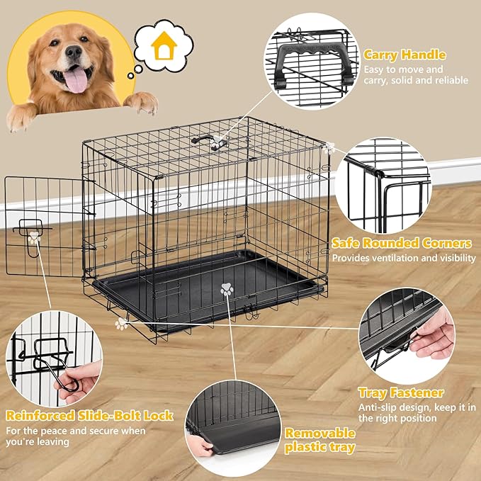 Dog Crate - 24 Inch Small Single Door Portable Puppy Dog Cage, Metal Wire Pet Kennel with Secure Lock, Leak-Proof Pan Tray, Foldable Design for Small Dog Indoor Training and Outdoor Trave