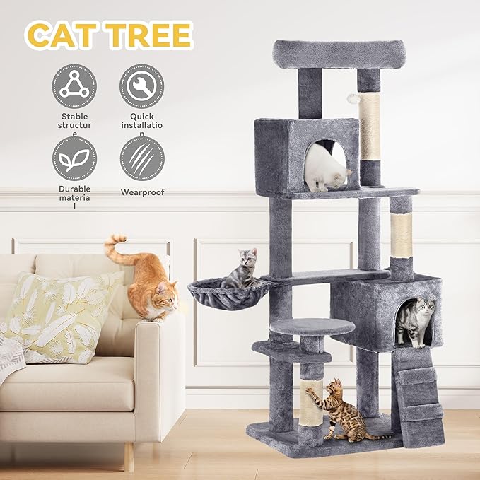 DWVO Cat Tower 70.8in for Indoor Cats: Multi-Tiered Feline Furnishing with Snug Cat Bed, Scratch Poles, Feline Window Cushioned Plush Roost for Young Cats Animal Activity Center Light Gray