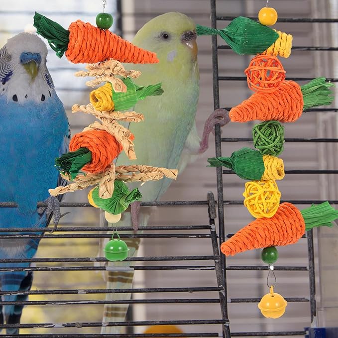 Toddmomy 2Pcs Hanging Cockatiel Chewing Natural Vine Balls with Carrot Rope for Parakeets and Small Birds Cage Accessories