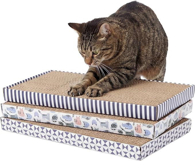 Kitty City 3-Pack XL Double Sided Corrugate Cat Scratcher Pads with Catnip - X-Large Horizontal Cat Scratcher Mats, Reversible Corrugate Nail File Scratchers - Stripes & Cats Design, 18” x 10” Each