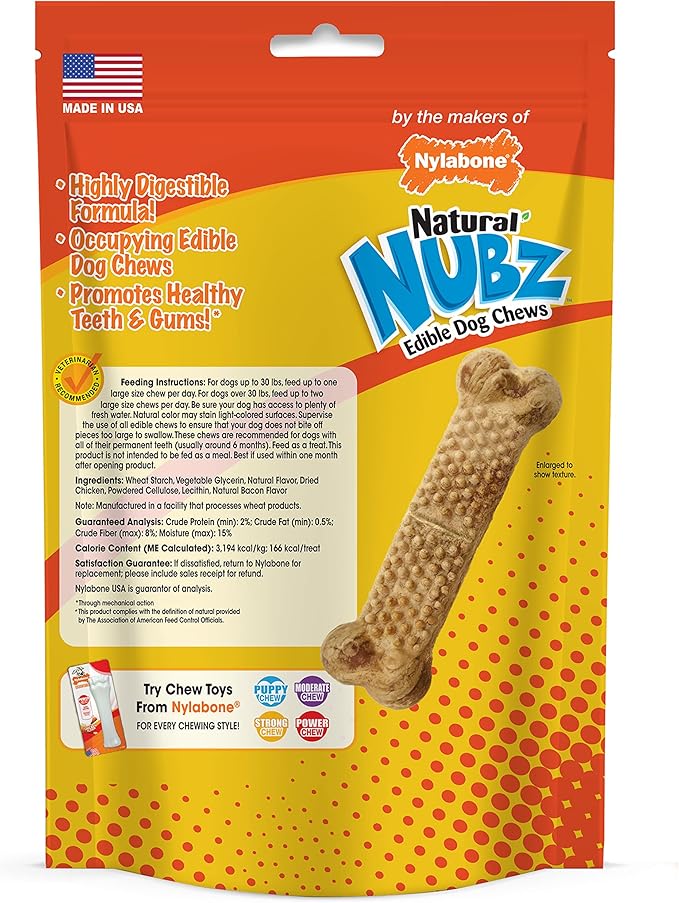Nylabone Nubz Natural Dog Chew Treats for Large Dogs, Long Lasting Dog Chew Bones Made in the USA, Chicken Flavor Breath Freshener Dental Chews, Large Dog Bones for Dogs Over 30 lbs. (20 Count)