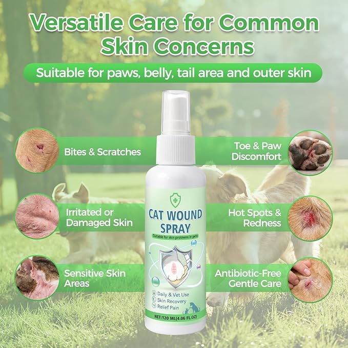 Cat Wound Spray for Dogs and Cats, Waterproof Pet Skin Care Spray for Scratches Bites Burns Redness and Minor Cuts, Gentle Dog Wound Care Formula Supports Daily Recovery and Comfort, 120ml (120ml)
