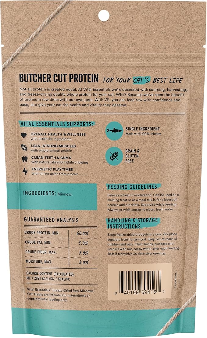 Vital Essentials Freeze Dried Minnows Cat Treats | Single Ingredient | Premium Quality | Grain Free, Healthy Treats for Cats, 1.5 oz Bag