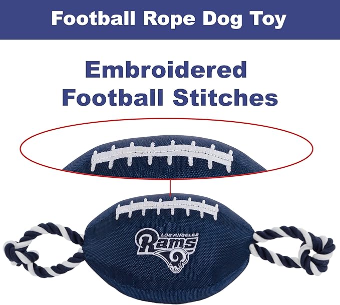 Pets First NFL Los Angeles Rams Football Dog Toy, Tough Quality Nylon Materials, Strong Pull Ropes, Inner Squeaker, NFL Team Color