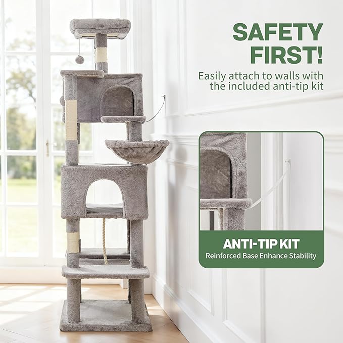 Cat Tree for Indoor Cats, 66 Inches Cat Tower with Scratching Post, Multi-Level Climbing Tree Cat House Padded Plush Perch, Cat Condo Activity Center with Pompoms, Kittens Pet Play House, Beige