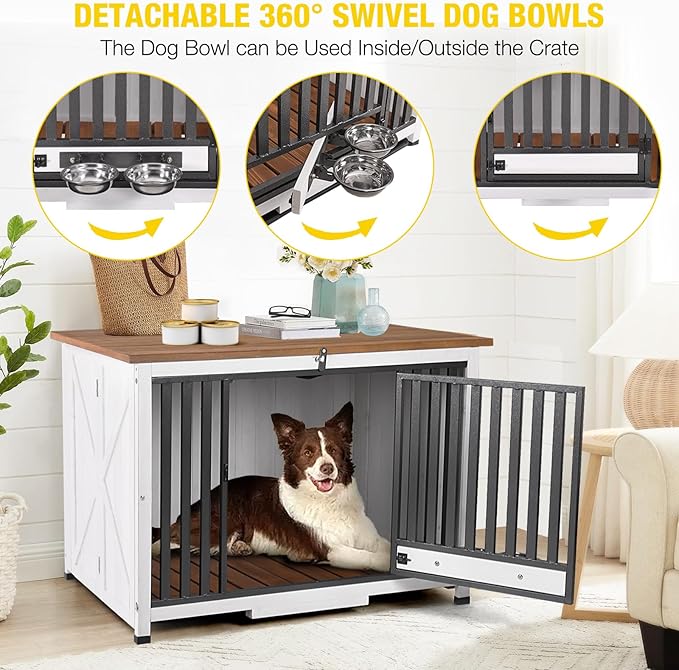 Aivituvin Dog Crate Furniture for 2 Small Medium Dogs XL Dog Kennel Indoor End Table Wooden Foldable Dog Cage 39.4" Dog House with Adjustable Bowls,Door