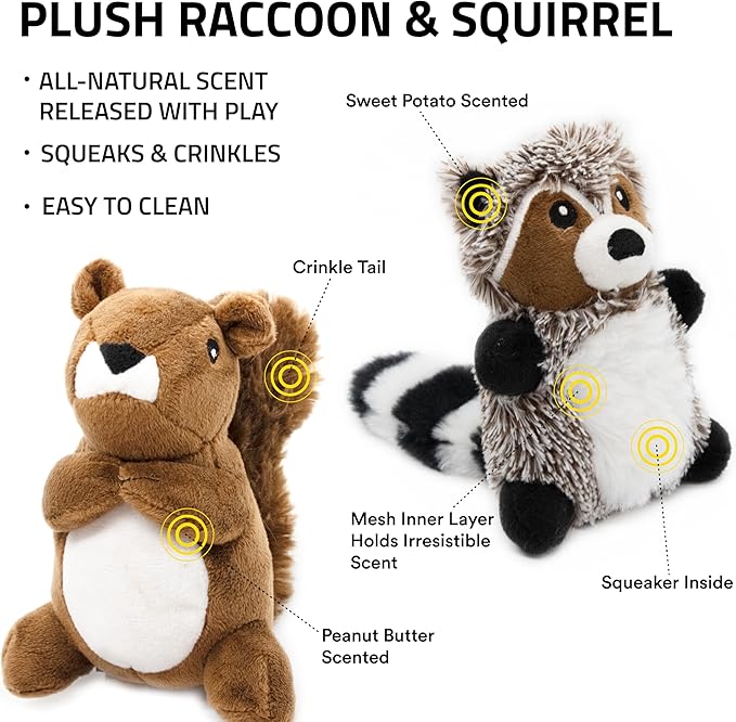Playology Dog Toys | Plush Raccoon & Squirrel Stuffed Animal for Dogs, Value 2-Pack | Small Peanut Butter & Sweet Potato Scented Squeaky Toys | Plush Chew Toy for Dogs