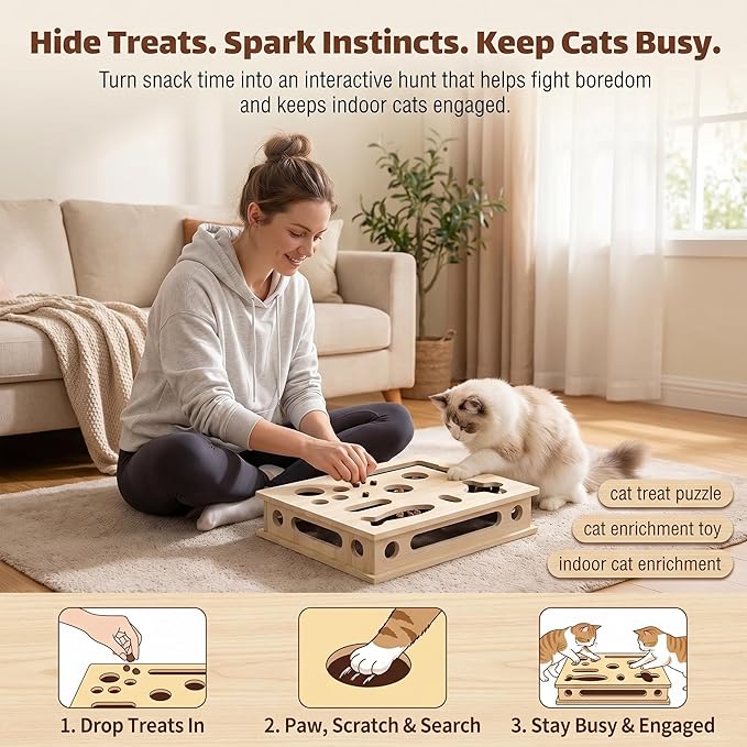 Cat Scratch Puzzle Box, Cat Nail File Box, Cat Enrichment Toy for Indoor Cats, Solid Wood Treat Puzzle Maze with Built-in Sandpaper, Stable Lock-Fit Interactive Claw Care Toy