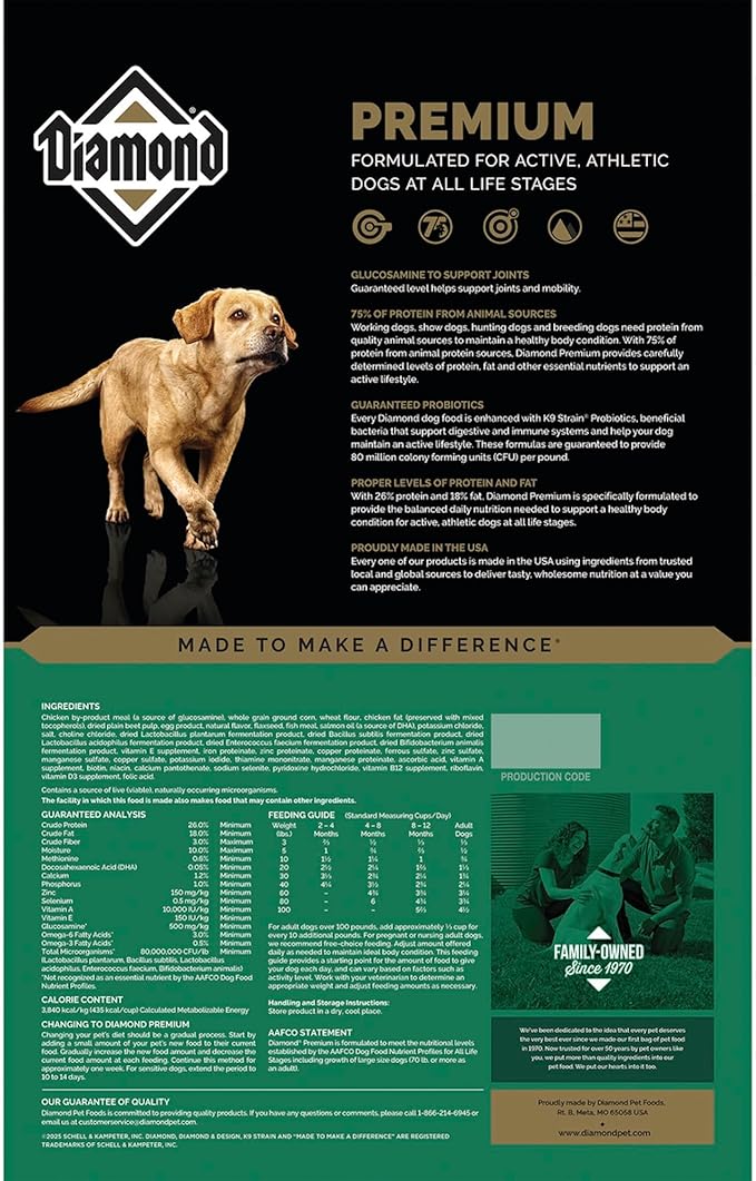 Diamond Premium All Life Stages Dry Dog Food 26/18 for Active, Athletic & Sporting Dogs 20lb Bag
