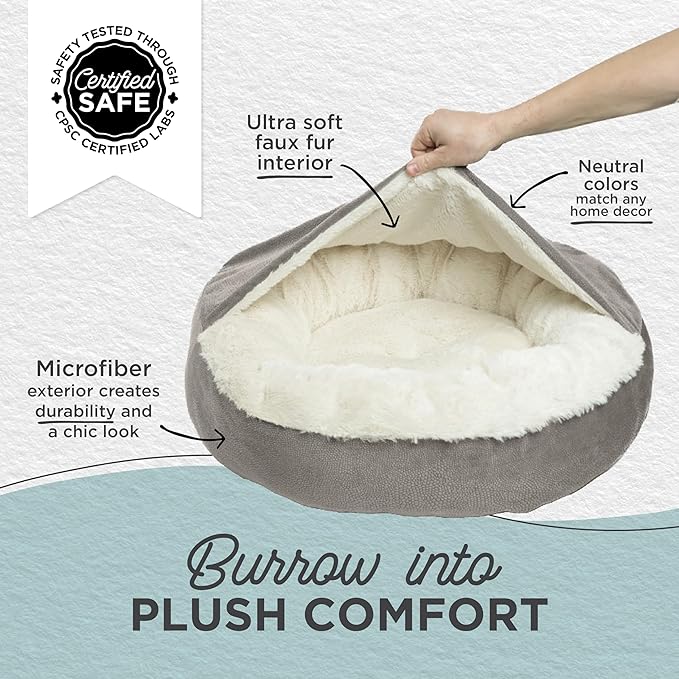 Best Friends by Sheri Cozy Cuddler Ilan Covered Cat and Dog Bed with Attached Blanket, Gray, 24"x24"