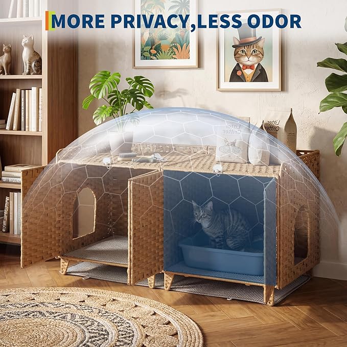 Double Litter Box Enclosure for 2 Cats - Rattan Hidden Cat Furniture with Litter Mat 2 Hooks & Doors, Large Cat House for 2 Litter Boxes, Easy Clean, 47.2" l x 19.7" w x 23.6" h Natural