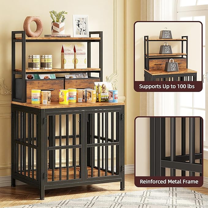 HIGDBFE Dog Crate Furniture with Drawer & Shelf, 25.5" Small Dog Crate with Lockable Doors, Indoor Dog Kennel Furniture for Medium, Small Dogs, Anti-Chew Dog Cage with Storage, Rustic Brown, 43.7" H