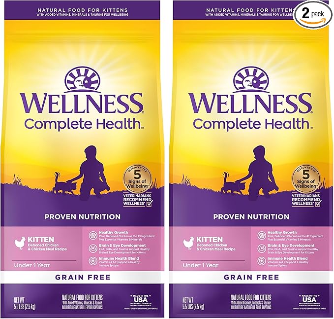 Wellness Natural Pet Food Complete Health Natural Grain Free Deboned Chicken & Chicken Meal Dry Kitten Food, 5.5 Pound Bag (Pack of 2)