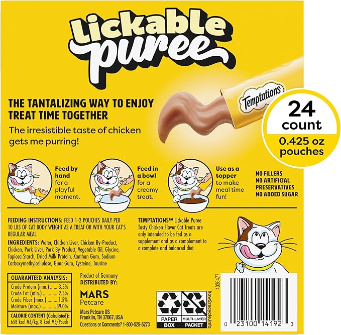Temptations Creamy Puree Squeezable Lickable Cat Treats, Wet Cat Treats with Chicken, 0.42 oz. Tubes, 24 Count