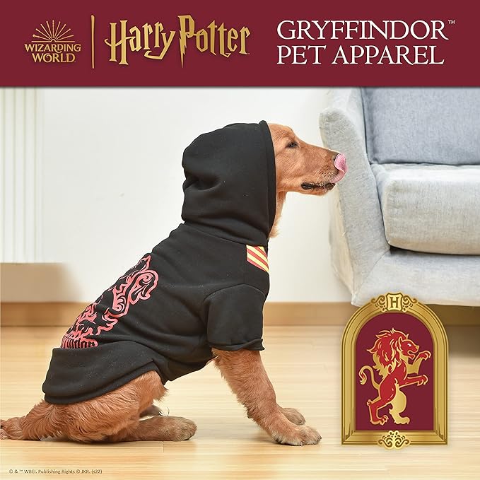 Harry Potter Gryffindor Dog Hoodie with Faux Scarf - Officially Licensed Dog Apparel & Accessories for Hogwarts Houses, Black, Size X-Small