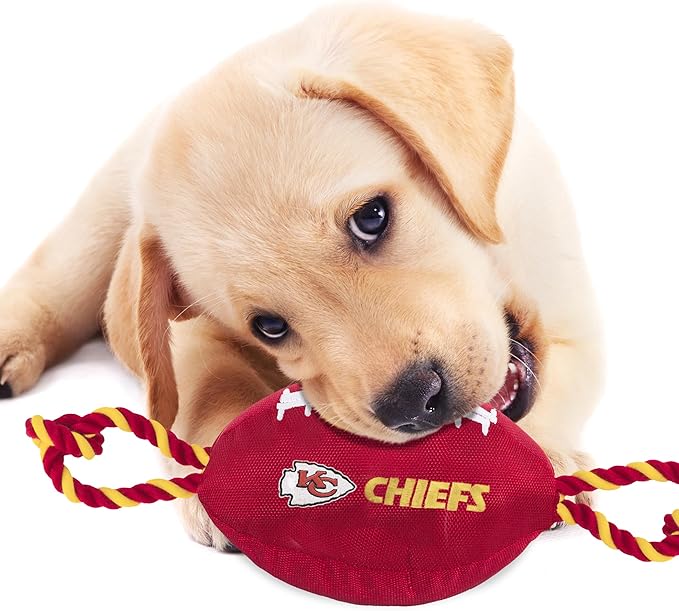 Pets First NFL Kansas City Chiefs Football Dog Toy, Tough Quality Nylon Materials, Strong Pull Ropes, Inner Squeaker, NFL Team Color