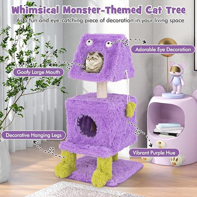 PETSITE 44 inch Monster-Themed Cute Cat Tree, Modern Cat Tree Tower with 2 Cat Condos, Sisal Scratching Post and Hanging Sound-Making Toys for Indoor Cats