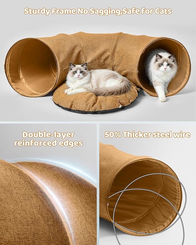 Linen Cat Tunnels with Central Cat Bed, Interactive Cat Toys Detachable Washable Soft Mat Large Indoor Play Tunnel Cave for Kittens and Small Animals