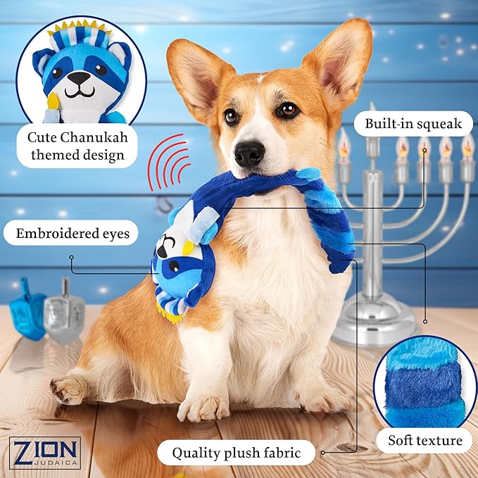Hanukkah Themed Squeaky Plush Toys for Dogs Quality Fabrics Animal Toy Squeaks and Gets Pets Excited (Raccoon with Menorah)