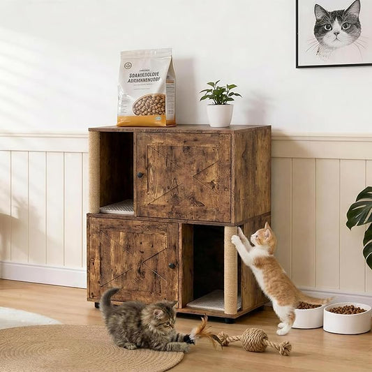Double Litter Box Enclosure for 2 Cats, 2 Tier Litter Box Enclosure Furniture with Scratching Post and Dual Mats,Wood Cat Kitty House Cabinet,Modern Style