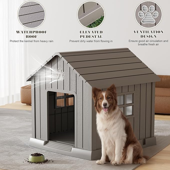 Bifanuo Dog House for Outdoor & Indoor Use with Window, Waterproof Ventilated Kennel with Elevated Floor, Easy to Clean Shelter for Small Medium Large Dogs (Grey, 37.2" L x 40" W x 40" H)
