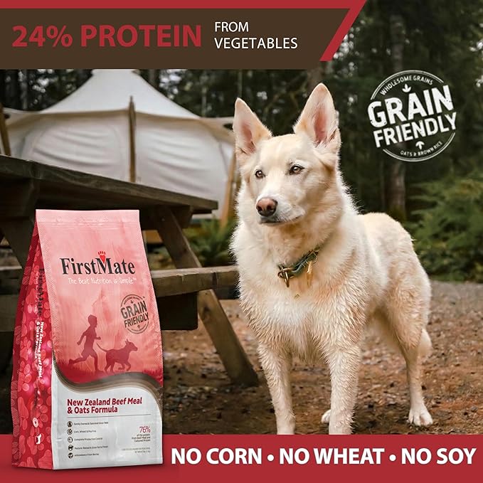 FirstMate Grain Friendly Dog Food New Zealand Beef & Oats Formula – Pasture-Raised Grass Fed Beef, Single Protein Dry Dog Food for Adult Dogs, Pea Free & Potato Free with Wholesome Grains – 25 lb Bag