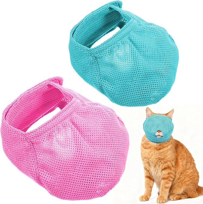 2Pcs Cat Muzzles Breathable Mesh Muzzles with Soft Mesh Covered, Cat Muzzle for Nail Trimming, Anti Bite Anti Meow Prevent from Biting