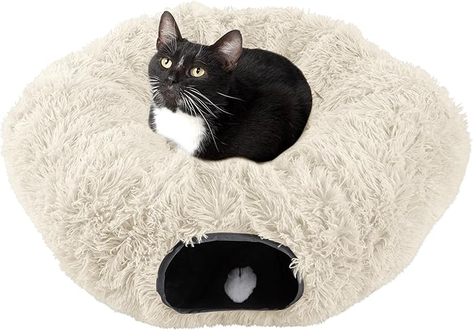 Cat Tunnel with Bed for Indoor Cats - 3FT Multifunctional Cat Tunnel Bed with Toys - Soft, Plush Peekaboo Cat Cave for Kittens, Cats, Ferrets, and Rabbits - Cat Products by PETMAKER (Cream)