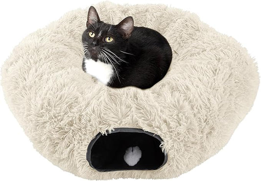 Cat Tunnel with Bed for Indoor Cats - 3FT Multifunctional Cat Tunnel Bed with Toys - Soft, Plush Peekaboo Cat Cave for Kittens, Cats, Ferrets, and Rabbits - Cat Products by PETMAKER (Cream)