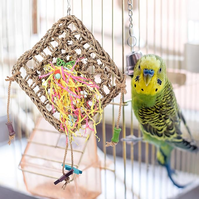 FRCOLOR Natural Seagrass Birdcage Hanging Woven Hammock for Parrots Parakeets Foraging Climbing Chewing Safe Cage Accessory
