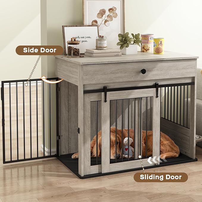 Large Dog Crate Furniture with Sliding Door & 360° Spinning Bowls | Durable Modern End Table for Medium & Large Dogs for Pet Owners (40-inch)