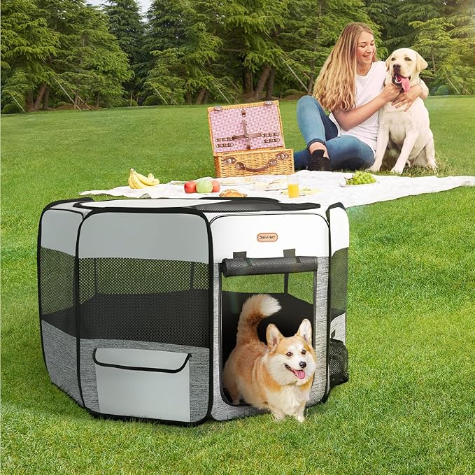 Seiyierr Dog Playpen, Portable Pet Playpen, Puppy Playpen, Cat Playpen with Carrying Case, Dog Playpen for Small Dogs Indoor/ Outdoor, Removable Mesh Shade Cover