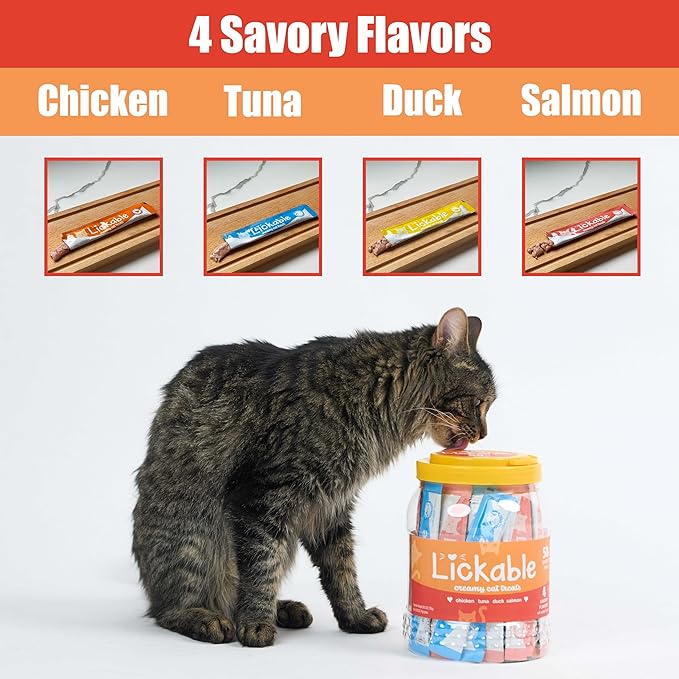 Fieldcrest Farms Lickable Cat Treats, 50 Count Variety Pack — Chicken, Tuna, Duck, Salmon — Thick & Protein-Rich Squeeze Tubes with Taurine, Grain Free, 6 Calories Per Tube
