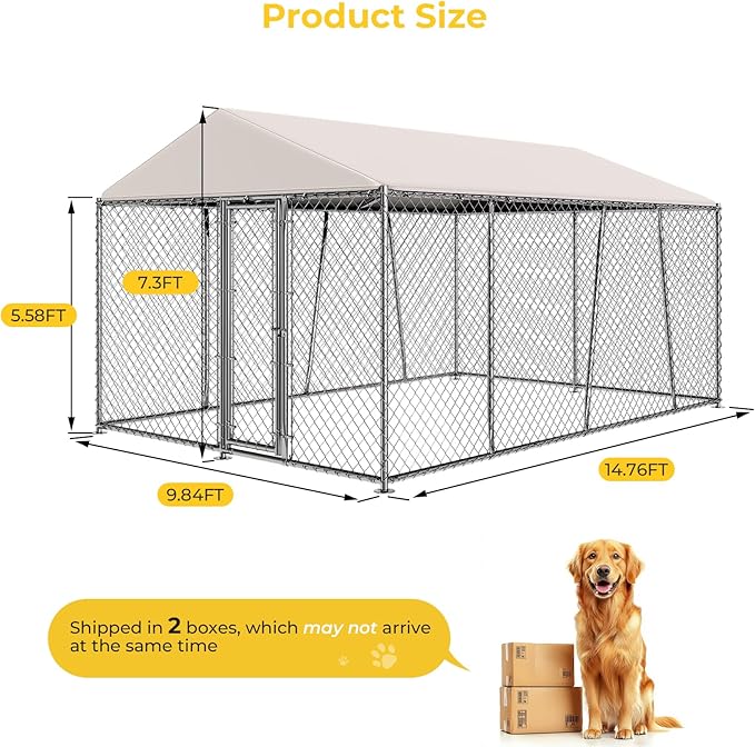 Lyromix 10 x 15FT Large Outdoor Dog Kennel with Roof, Dog Kennel Outside with Waterproof Cover, Galvanized Heavy Duty Chain Link Dog Runs Cage Playpen for Outside with Secure Lock