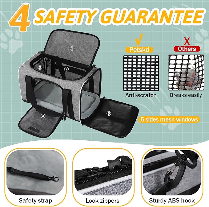 Petskd Pet Carrier 18x11x11 Delta American United Airline Approved, Pet Travel Carrier Bag for Small Cats and Dogs, Cat Soft Sided Carrier with Safety Lock Zippers, 5-Sided Breathable Mesh(Grey)