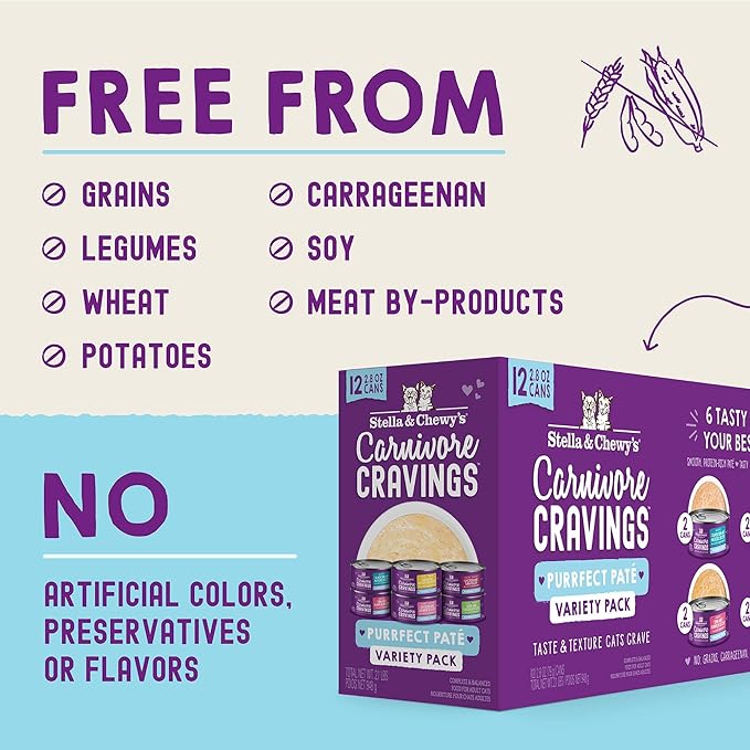 Stella & Chewy's Carnivore Cravings Purrfect Paté - Premium Grain-Free Wet Cat Food - 6 Flavor Variety Pack - High Protein with Bone Broth - Perfect for Picky Eaters - 2.8oz Cans (24 Pack)
