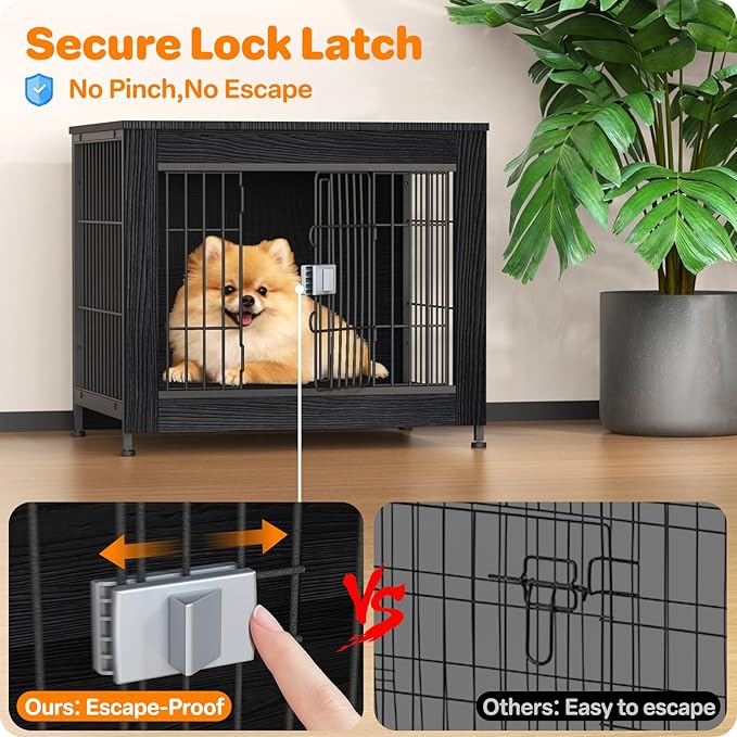 Escape Proof Decorative Dog Crate Furniture with Wooden Top, 27in Furniture Style End Table and Secure Indoor Kennel, Anti Anxiety for All Breeds, Black