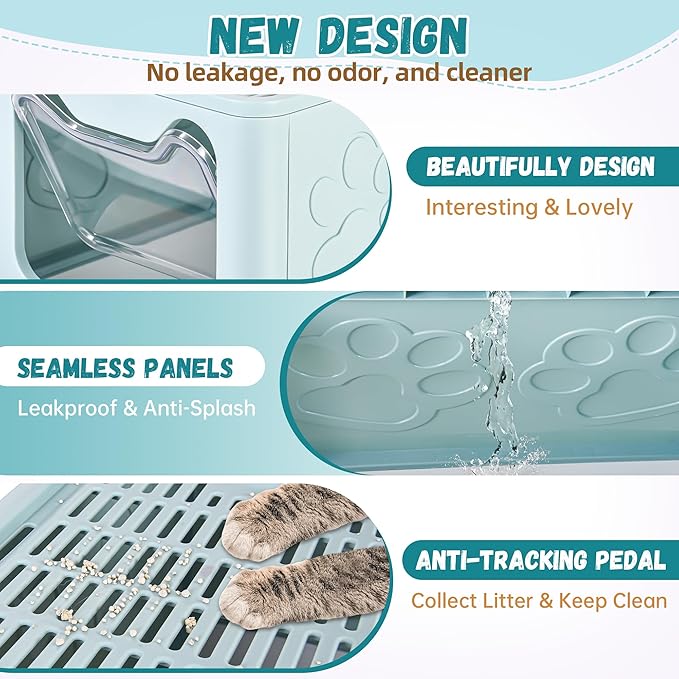 Cat Litter Box with Litter Mat, Foldable Extra Large Free in and Out/One-Way with Lid, Drawer Type Enclosed Kitty Litter Box,Odor Control Anti-Splashing Easy Cleaning (Light Blue)
