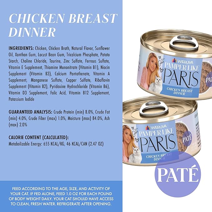Weruva Paris Hilton Pamper Like Paris Natural Grain Free Wet Cat Food, Chicken Breast Paté, 2.47oz Can (Pack of 12)